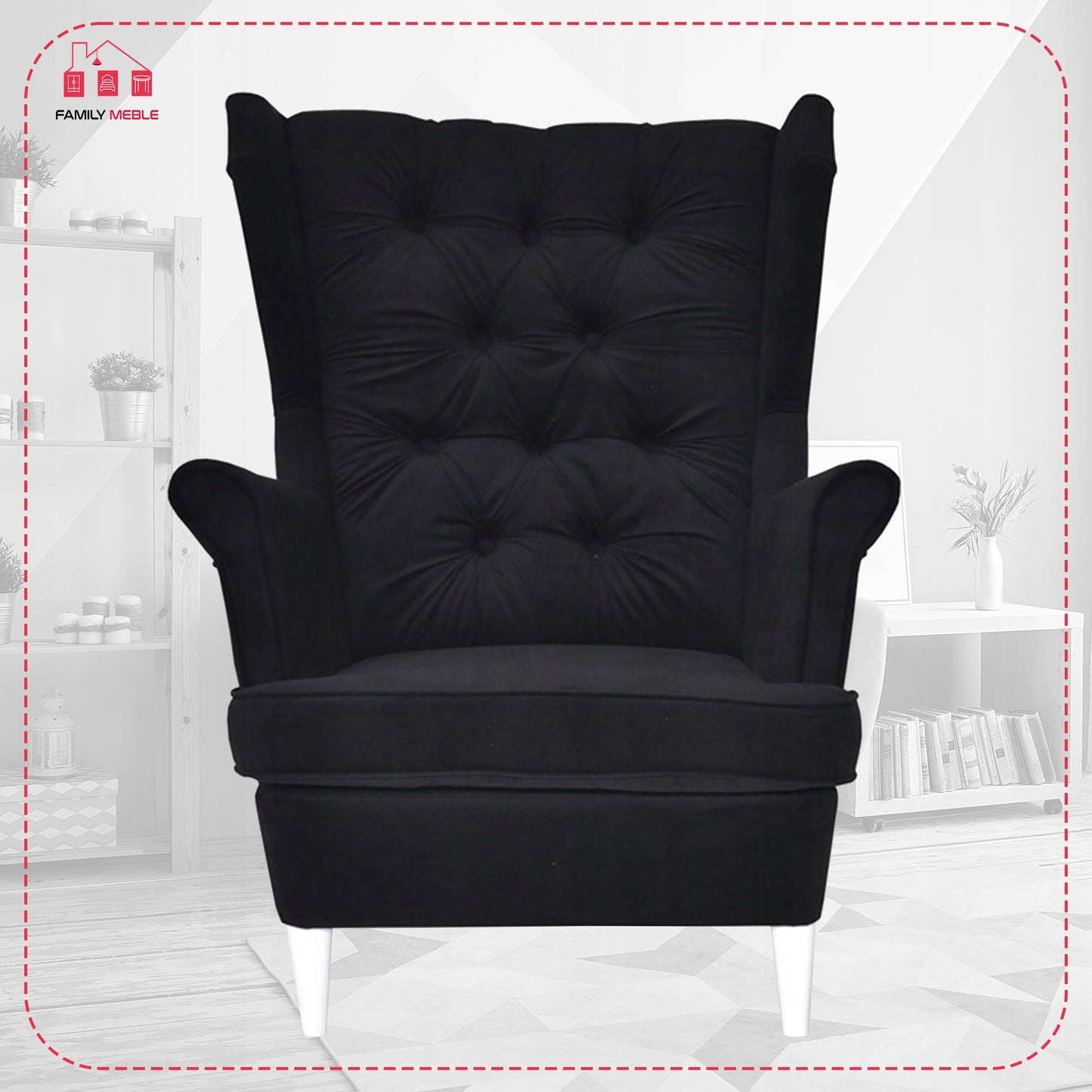 Fotel uszak Gaja z podnóżkiem skandynawski Family Meble czarny miękki