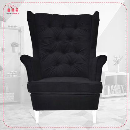 Fotel uszak Gaja z podnóżkiem skandynawski Family Meble czarny miękki