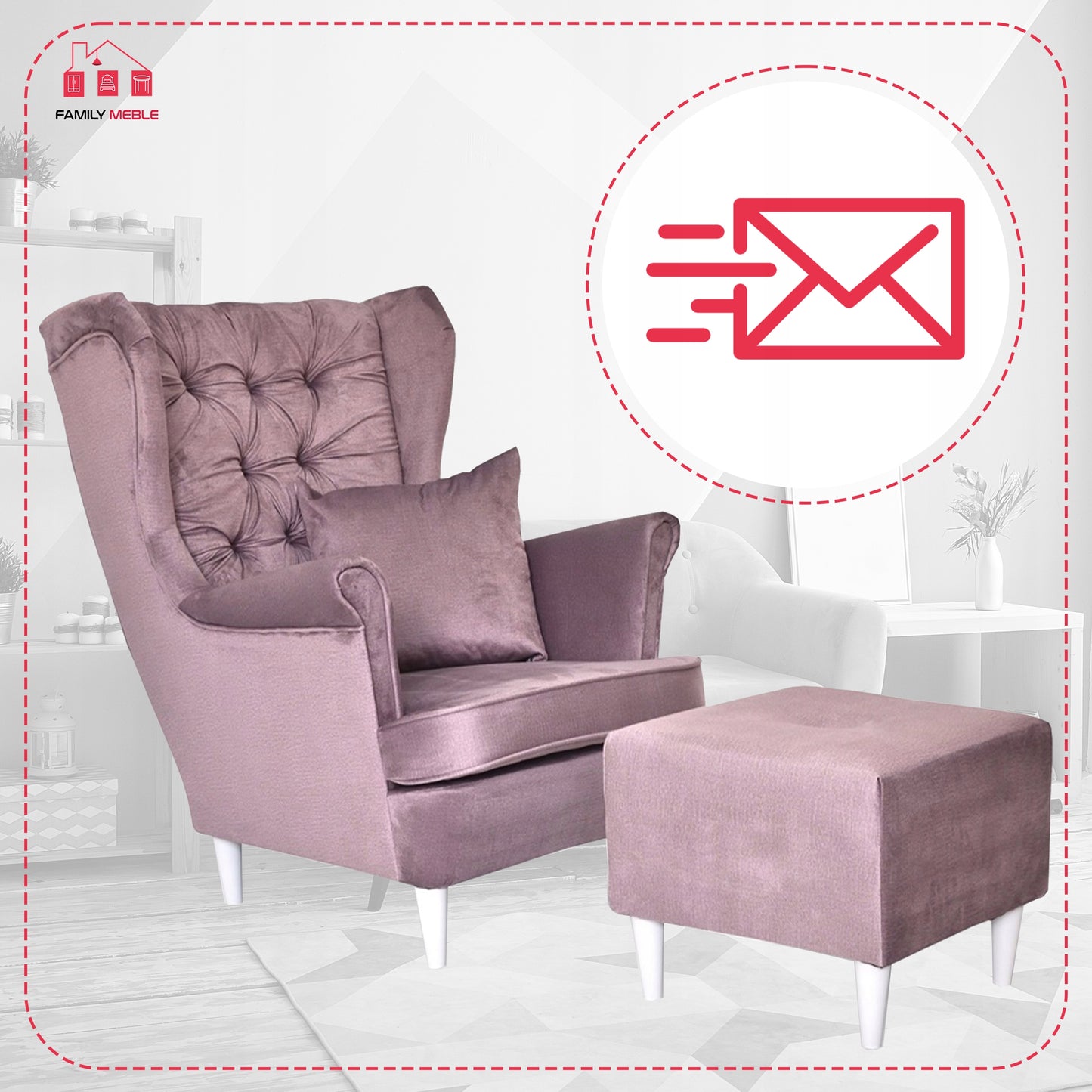 Fotel uszak Gaja z podnóżkiem skandynawski Family Meble liliowy salon