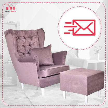 Fotel uszak Gaja z podnóżkiem skandynawski Family Meble liliowy salon