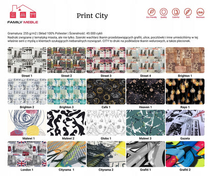 Zestaw wypoczynkowy mebli uszak Ari Print sofa fotele pufy Family Meble komplet