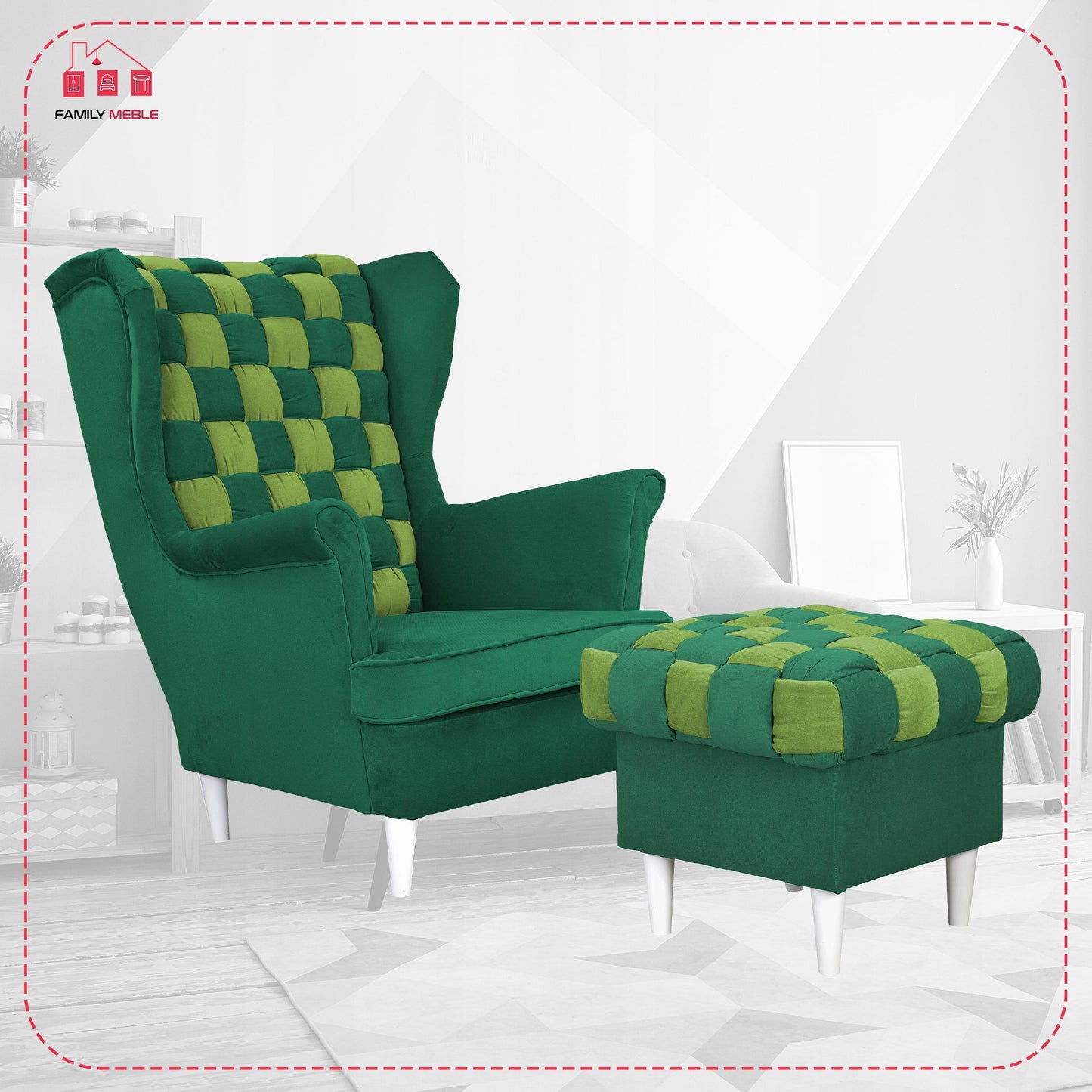 Fotel uszak Carol Duo z podnóżkiem skandynawski Family Meble zielony żółty