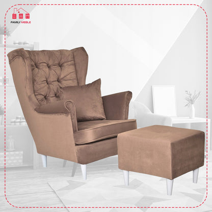 Fotel uszak Gaja z podnóżkiem skandynawski Family Meble nudziak pufa