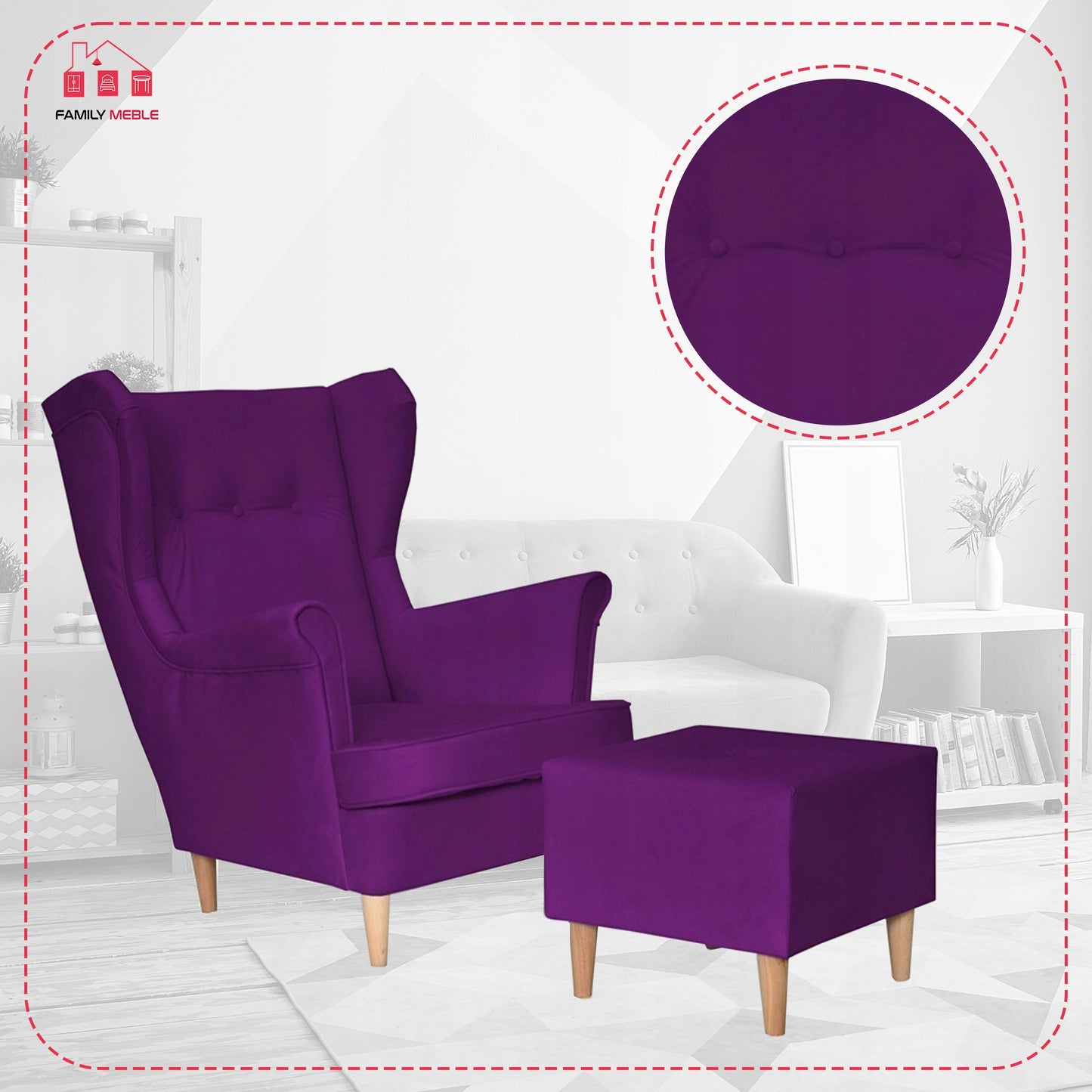 Fotel uszak ARI z podnóżkiem, skandynawski Family Meble fiolet śliwka