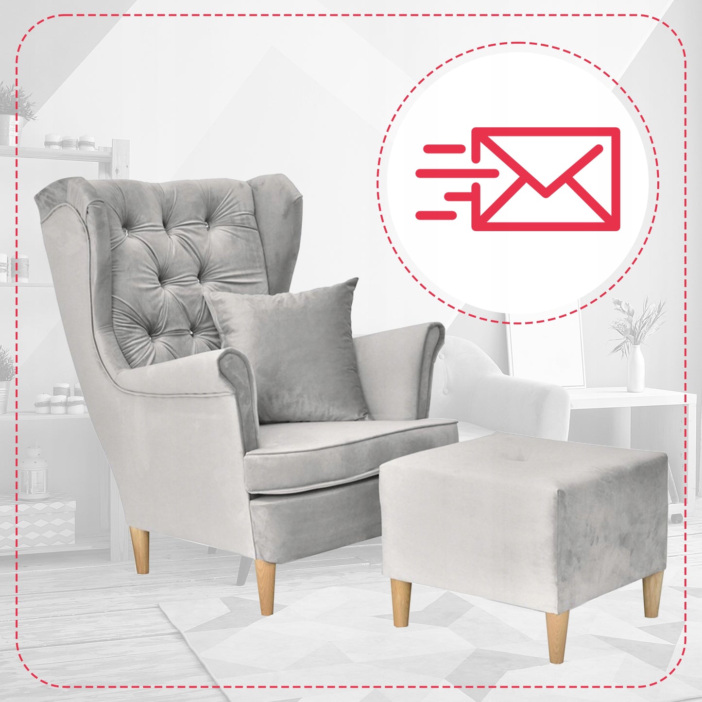 Fotel uszak Gaja podnóżkiem skandynawski Family Meble gołębi popielaty