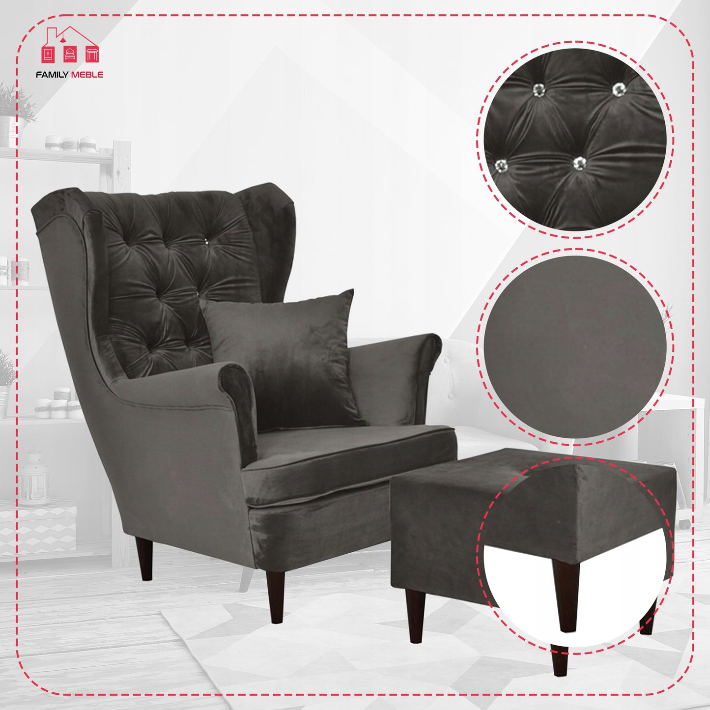 Fotel uszak Gaja z podnóżkiem skandynawski Family Meble brunatny szary