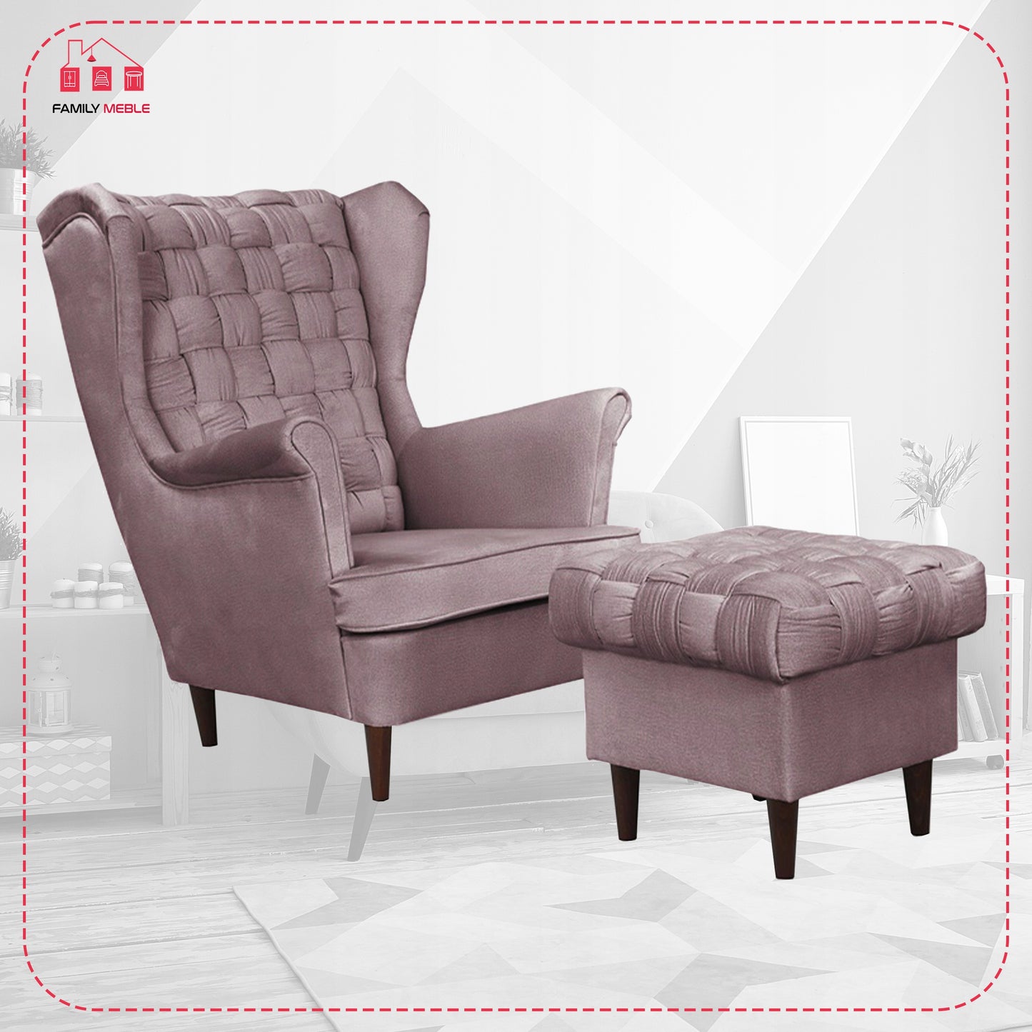 Fotel uszak Carol z podnóżkiem skandynawski Family Meble liliowy róż