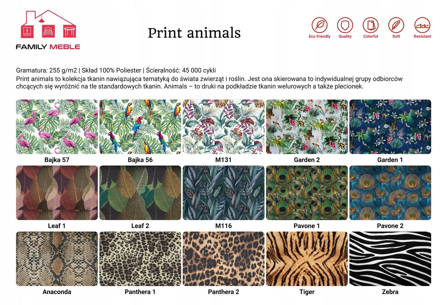 Zestaw wypoczynkowy mebli uszak Ari Print sofa fotele pufy Family Meble komplet