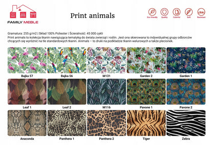 Zestaw wypoczynkowy mebli uszak Ari Print sofa fotele pufy Family Meble komplet