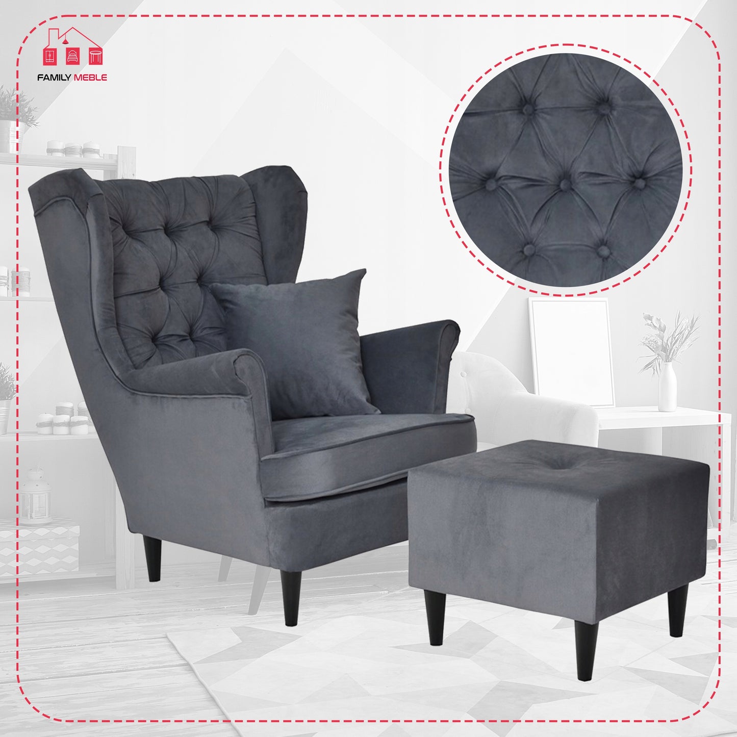 Fotel uszak Gaja z podnóżkiem, skandynawski Family Meble szary wygodny