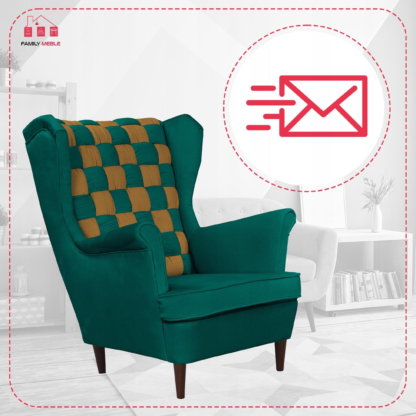 Fotel uszak Carol Duo skandynawski Family Meble zielono złoty, miodowy