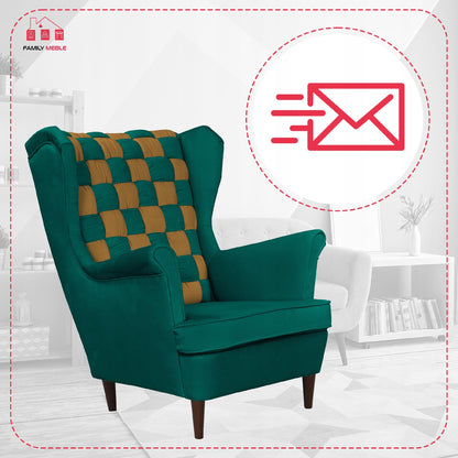 Fotel uszak Carol Duo skandynawski Family Meble zielono złoty, miodowy