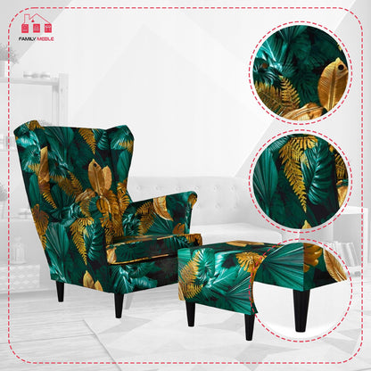 Fotel uszak ARI PRINT z podnóżkiem, skandynawski Family Meble zielony