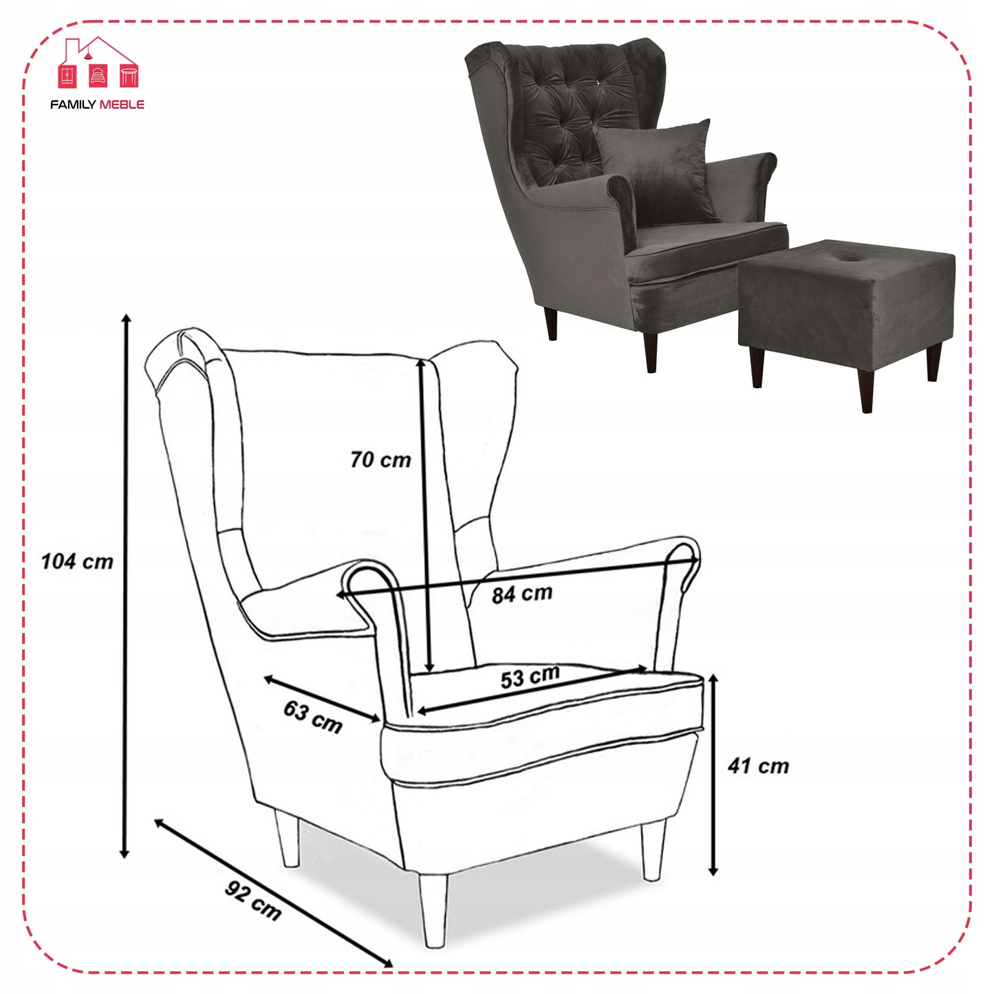 Fotel uszak Gaja z podnóżkiem skandynawski Family Meble brunatny szary