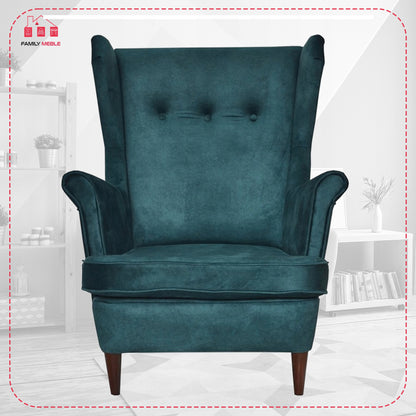 Fotel uszak ARI z podnóżkiem, skandynawski Family Meble ciemny turkus