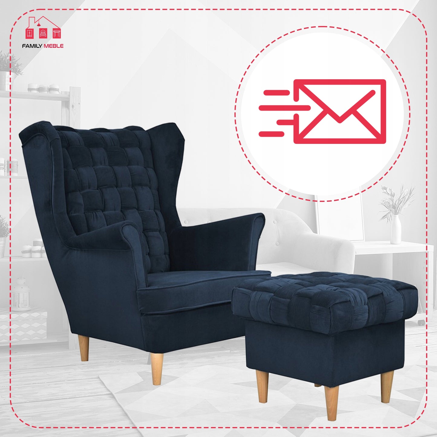 Fotel uszak Carol z podnóżkiem skandynawski Family Meble granatowy