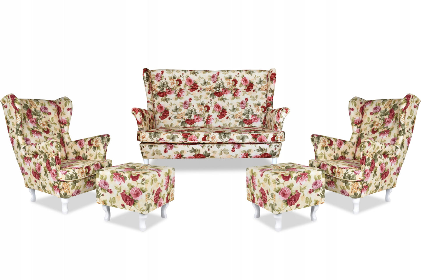 Zestaw wypoczynkowy mebli uszak Ari Print sofa fotele pufy Family Meble komplet