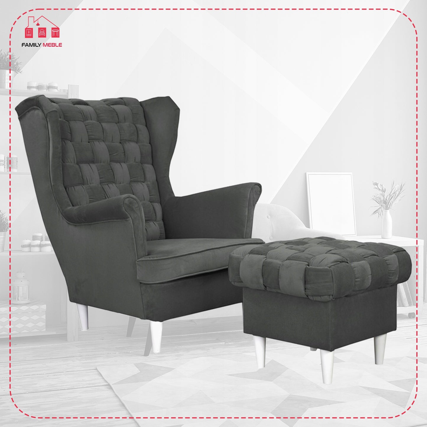 Fotel uszak Carol z podnóżkiem skandynawski Family Meble ciemny szary
