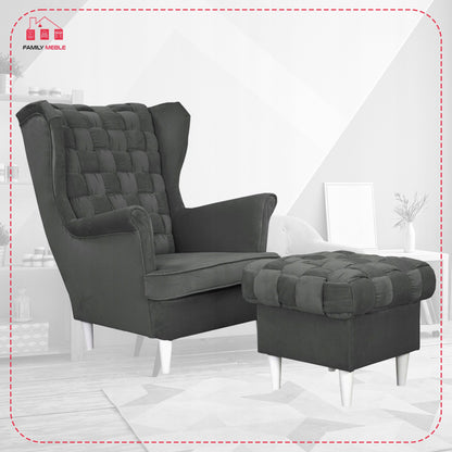 Fotel uszak Carol z podnóżkiem skandynawski Family Meble ciemny szary