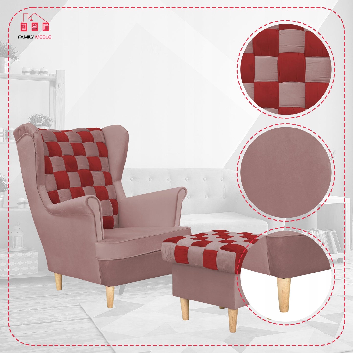 Fotel uszak Carol Duo z podnóżkiem skandynawski Family Mebl różowy czerwony