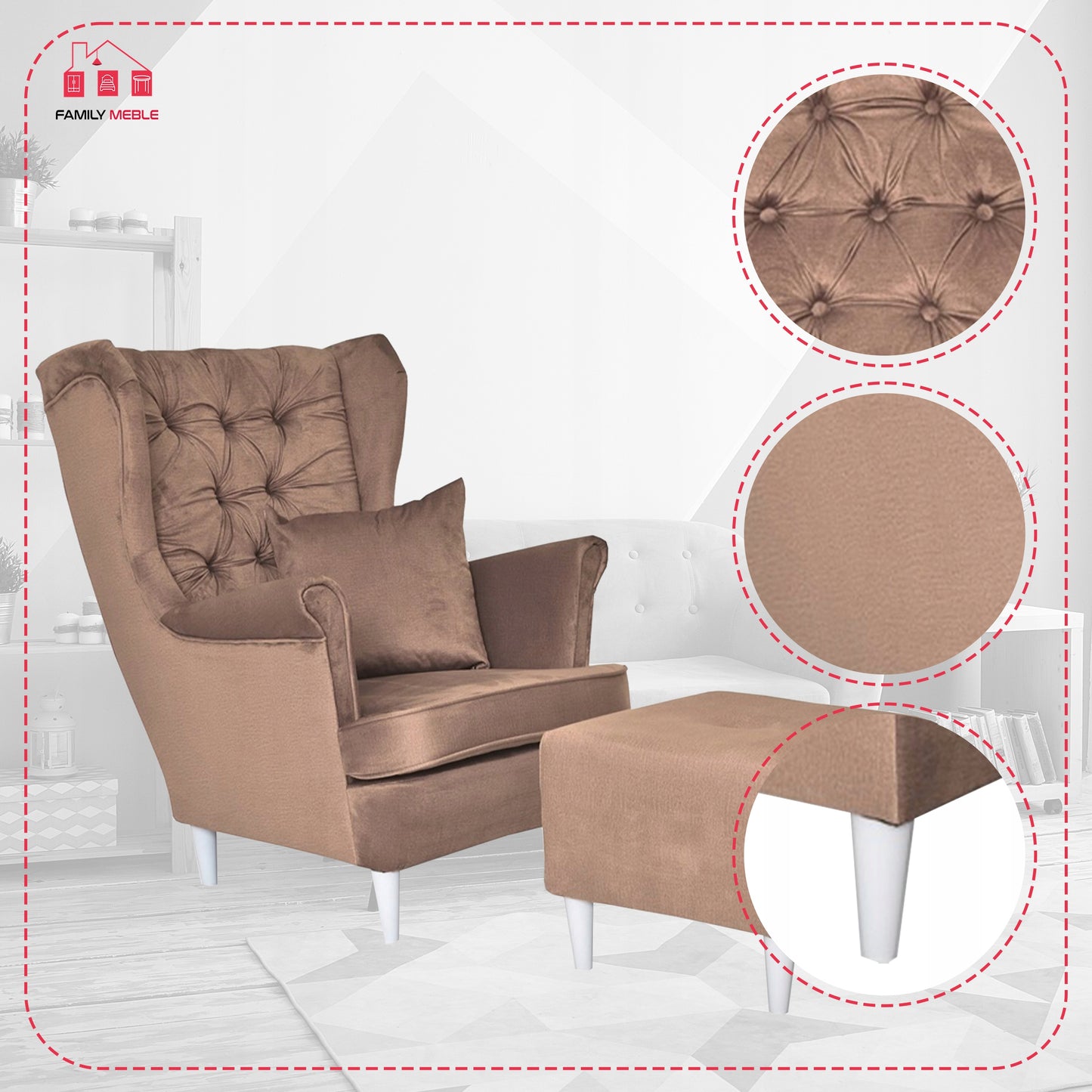 Fotel uszak Gaja z podnóżkiem skandynawski Family Meble nudziak pufa