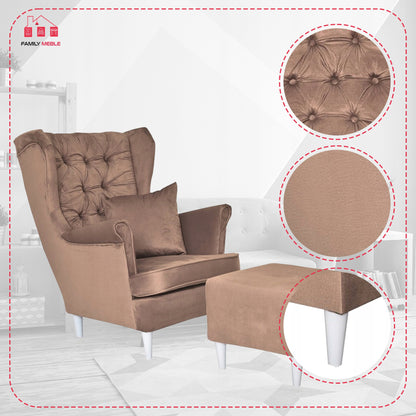 Fotel uszak Gaja z podnóżkiem skandynawski Family Meble nudziak pufa