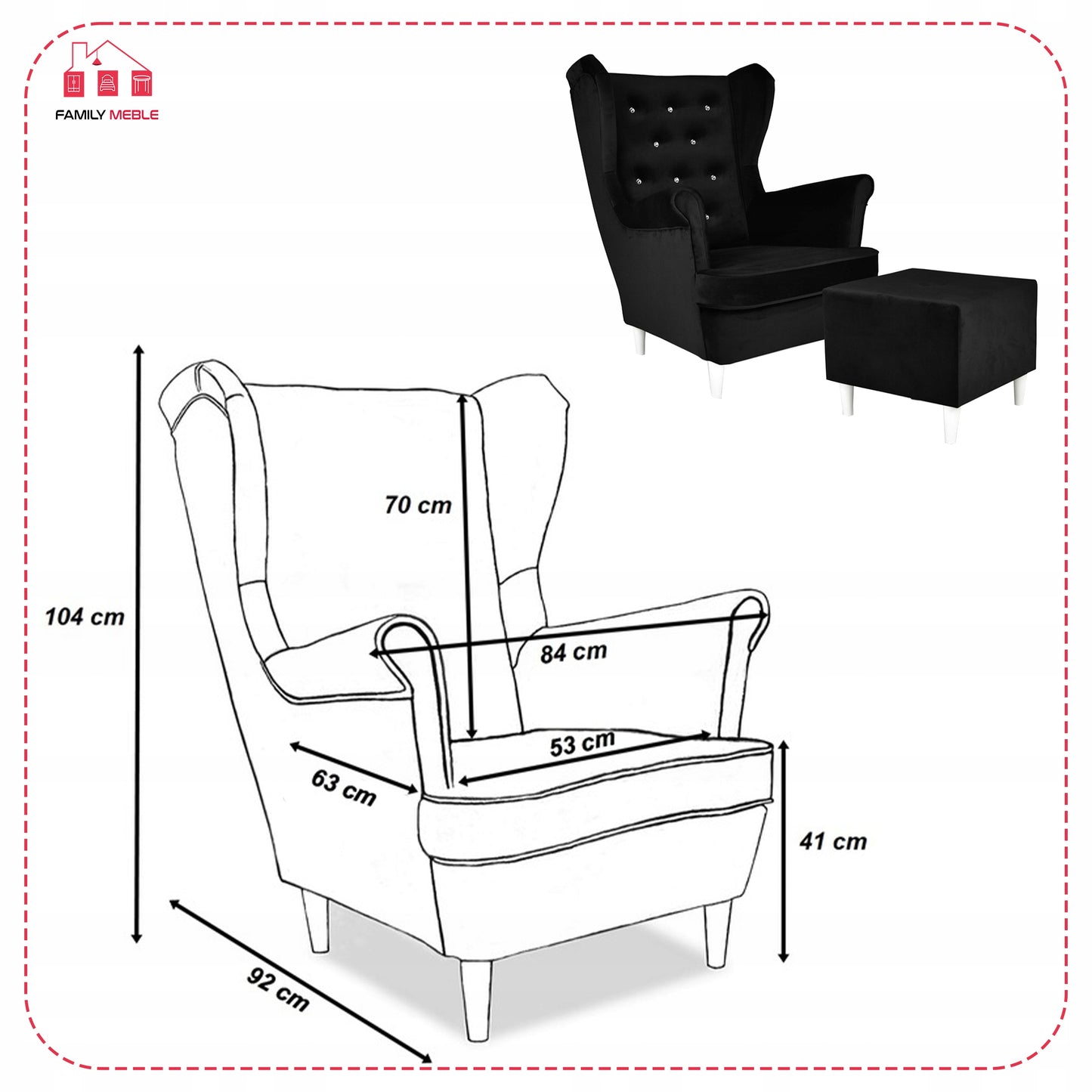 Fotel uszak Diana z podnóżkiem, skandynawski Family Meble czarny welur