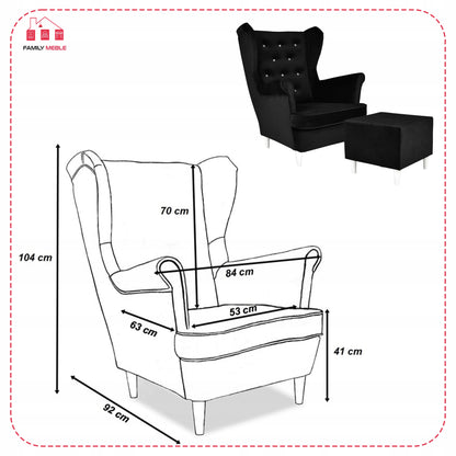 Fotel uszak Diana z podnóżkiem, skandynawski Family Meble czarny welur