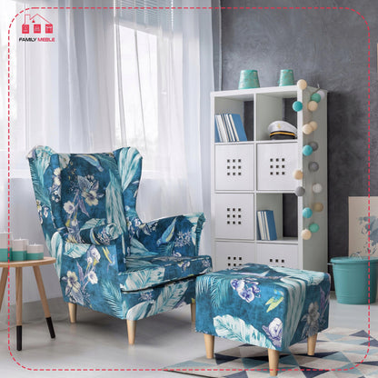 Fotel uszak ARI PRINT z podnóżkiem, skandynawski Family Meble zielony