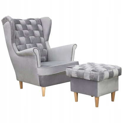 Fotel uszak Carol z podnóżkiem skandynawski Family Meble siwy aksamit
