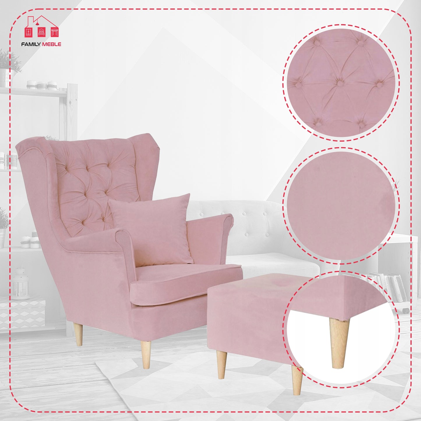 Fotel uszak Gaja z podnóżkiem skandynawski Family Meble z pufką różowy