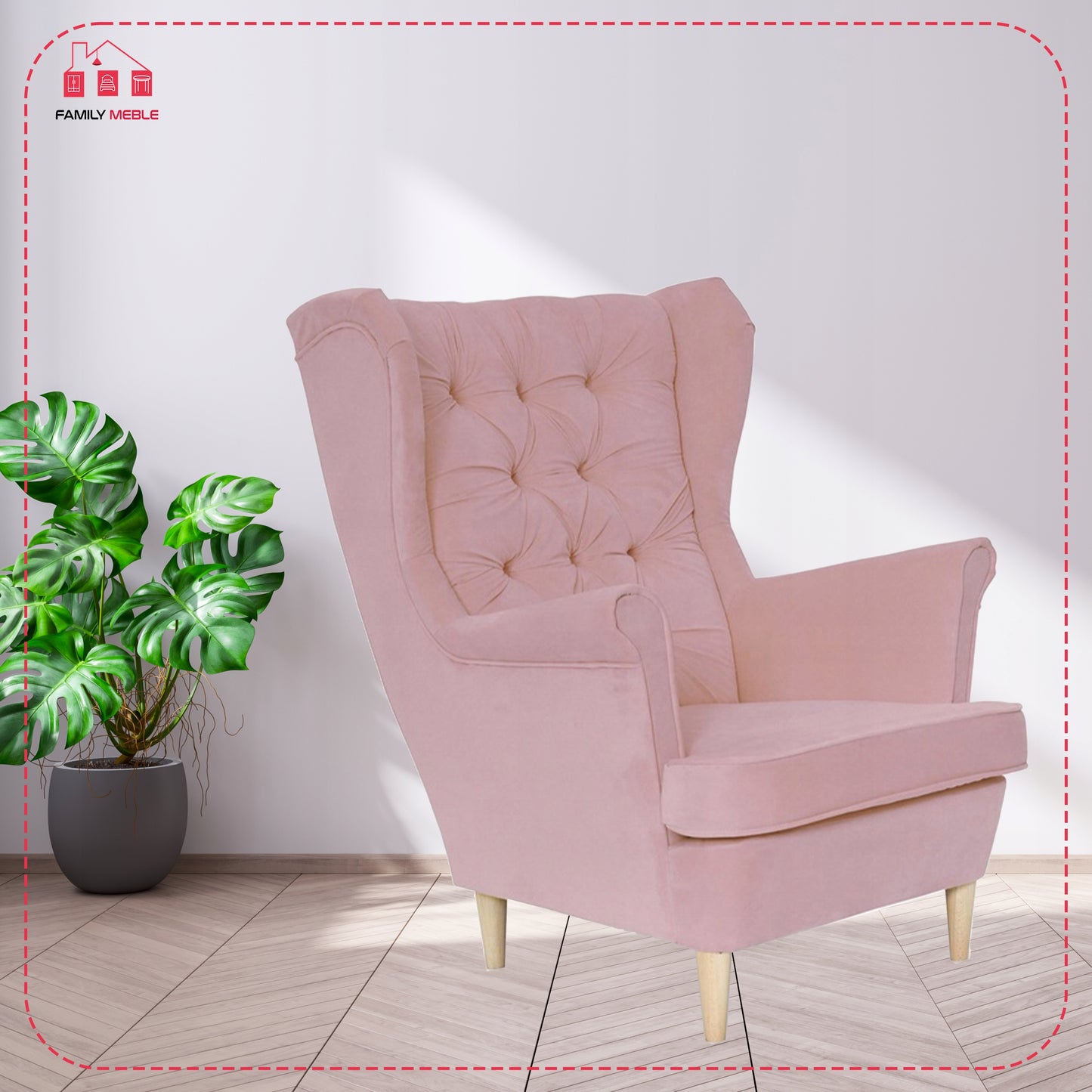 Fotel uszak Gaja skandynawski Family Meble pudrowy różowy jasny wygod