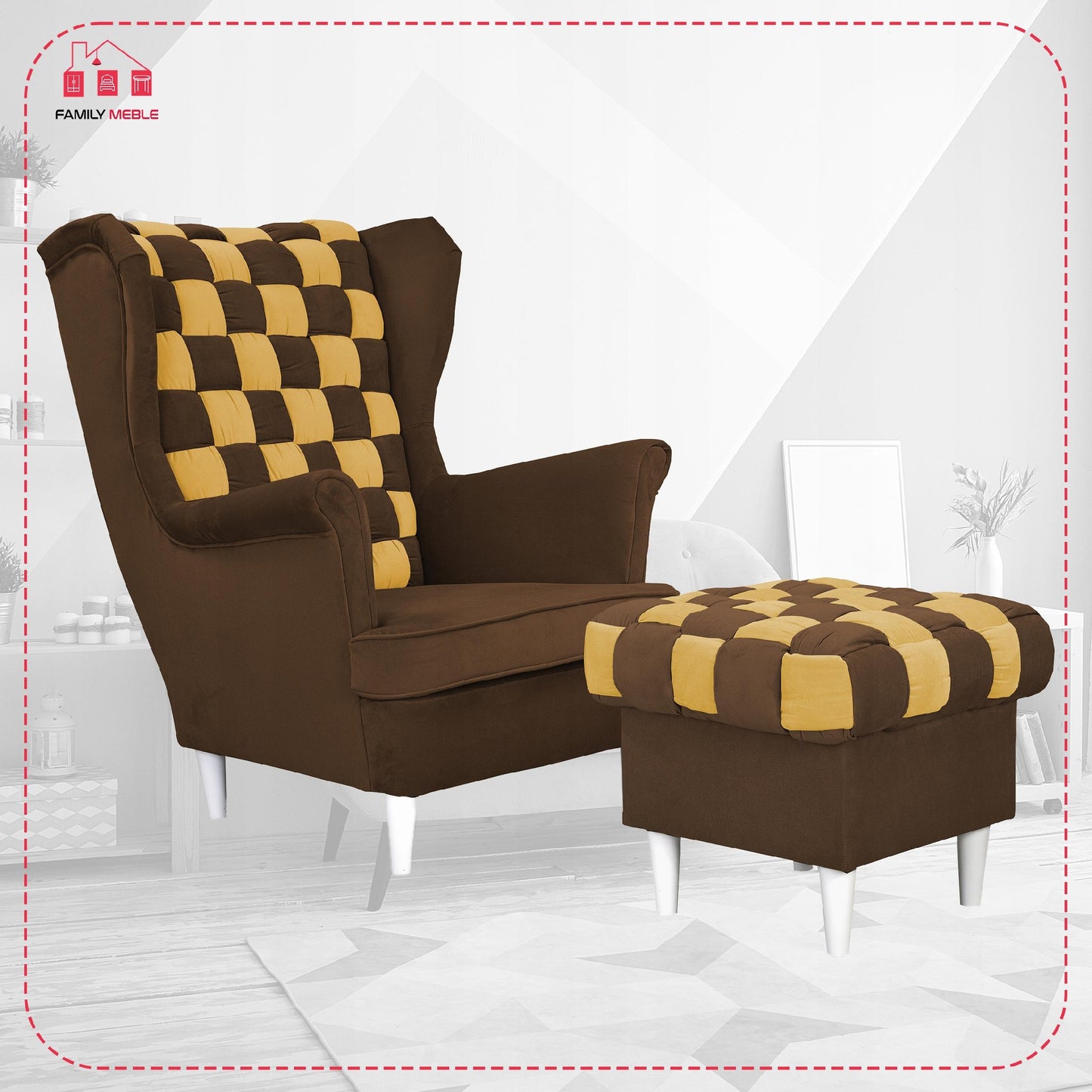Fotel uszak Carol Duo z podnóżkiem skandynawski Family Meble brązowy żółty