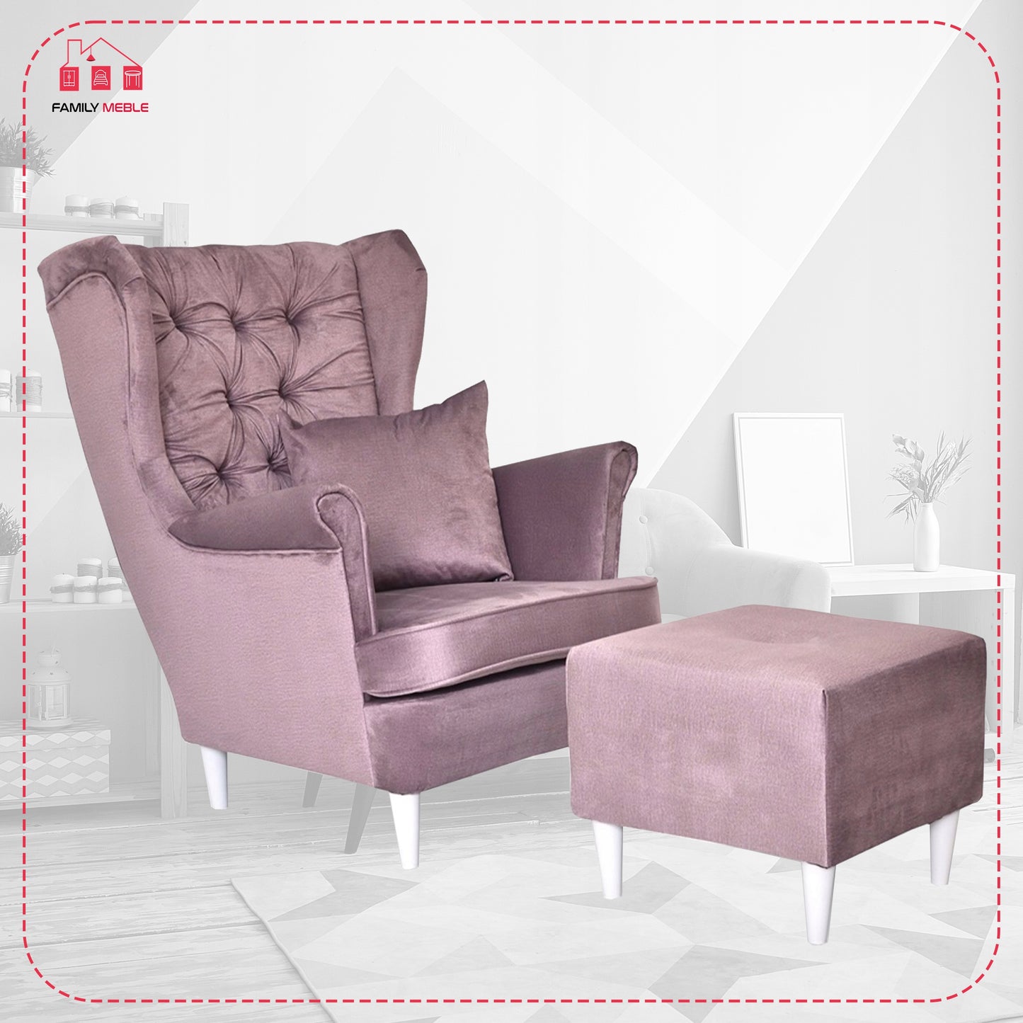 Fotel uszak Gaja z podnóżkiem skandynawski Family Meble liliowy salon
