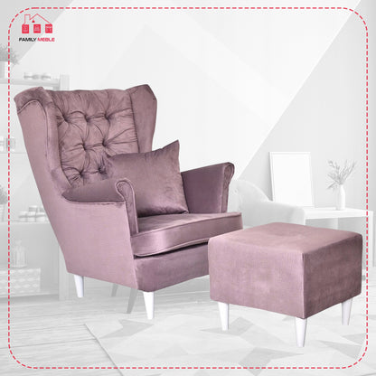 Fotel uszak Gaja z podnóżkiem skandynawski Family Meble liliowy salon