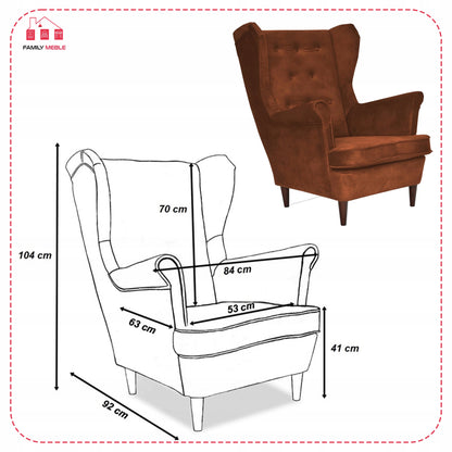 Fotel uszak Diana skandynawski Family Meble miedziany miły w dotyku rudy