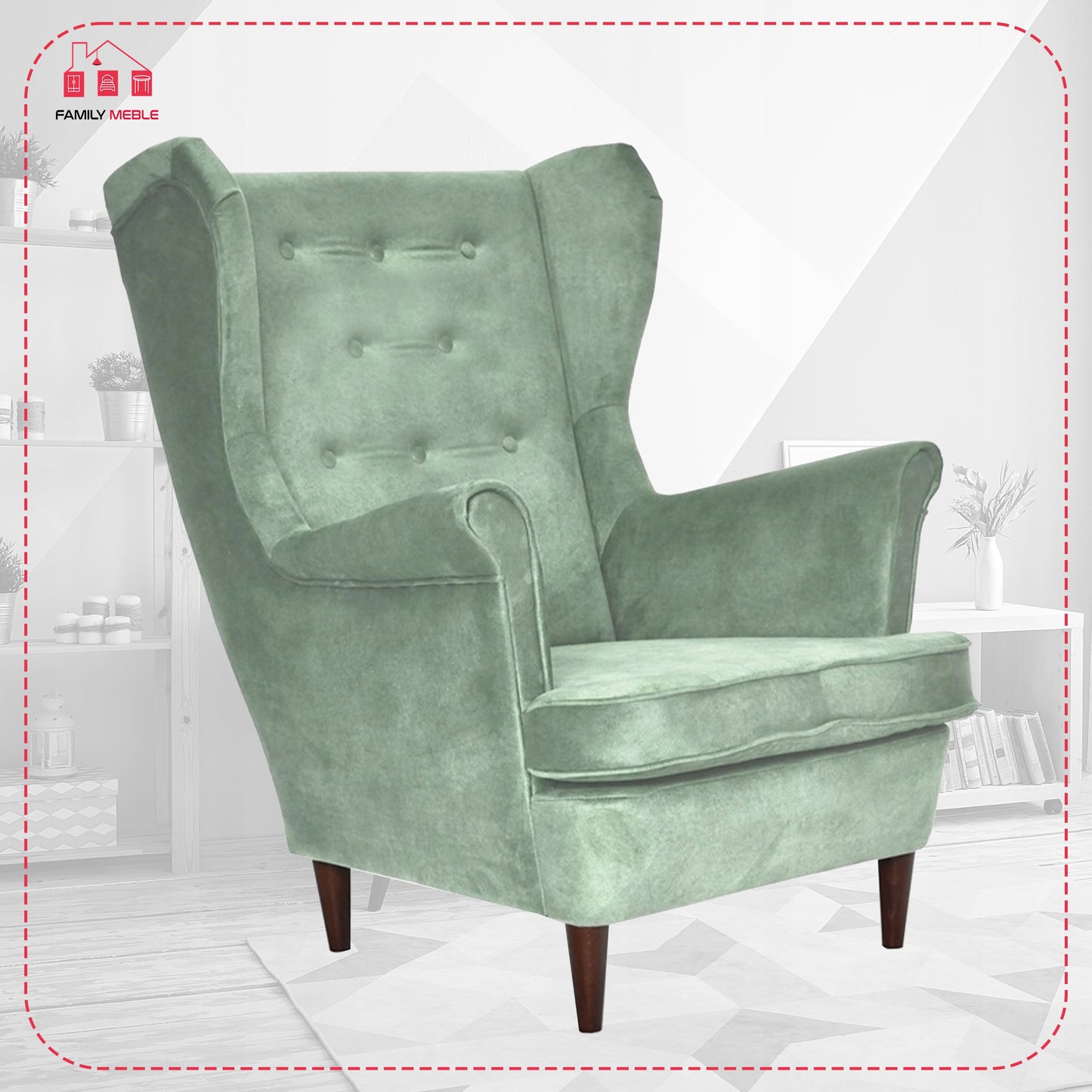 Fotel uszak Diana skandynawski Family Meble miętowy pistacjowy zamszowy