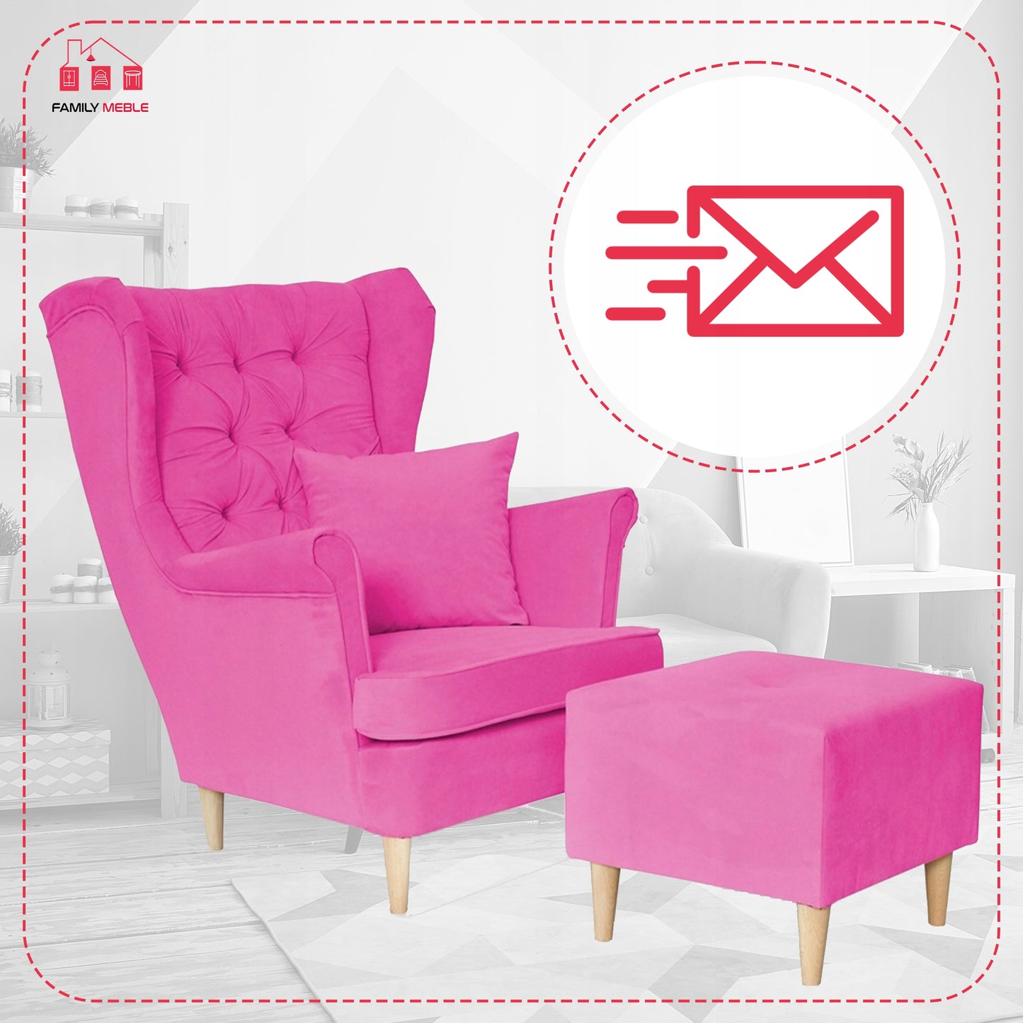 Fotel uszak Gaja z podnóżkiem skandynawski Family Mebl fuksja róż PINK