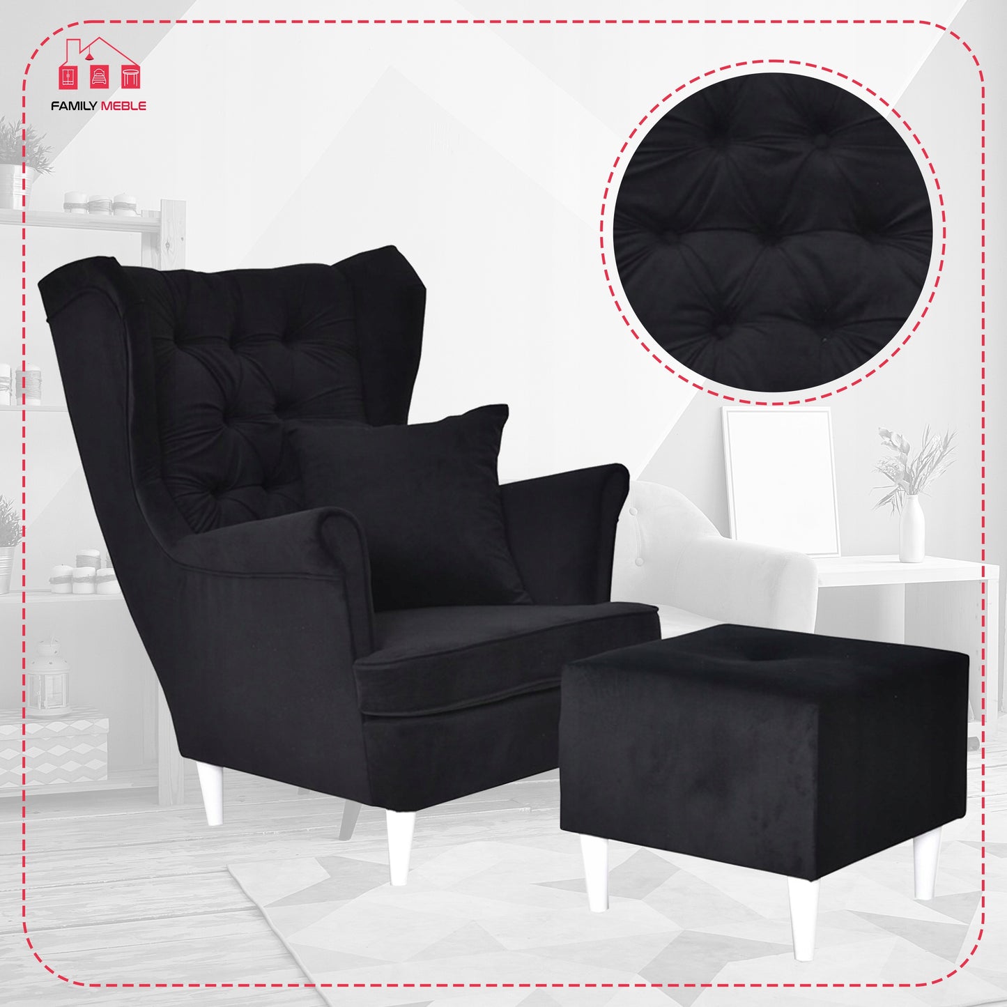 Fotel uszak Gaja z podnóżkiem skandynawski Family Meble czarny miękki