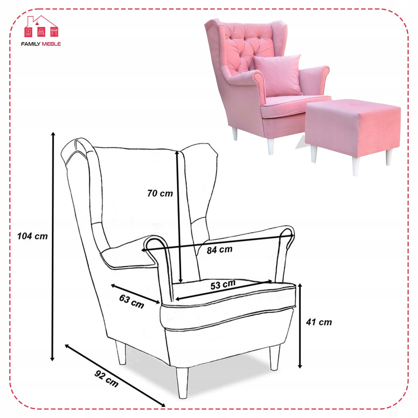 Fotel uszak Gaja z podnóżkiem skandynawski Family Meble pastelowy róż
