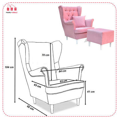 Fotel uszak Gaja z podnóżkiem skandynawski Family Meble pastelowy róż