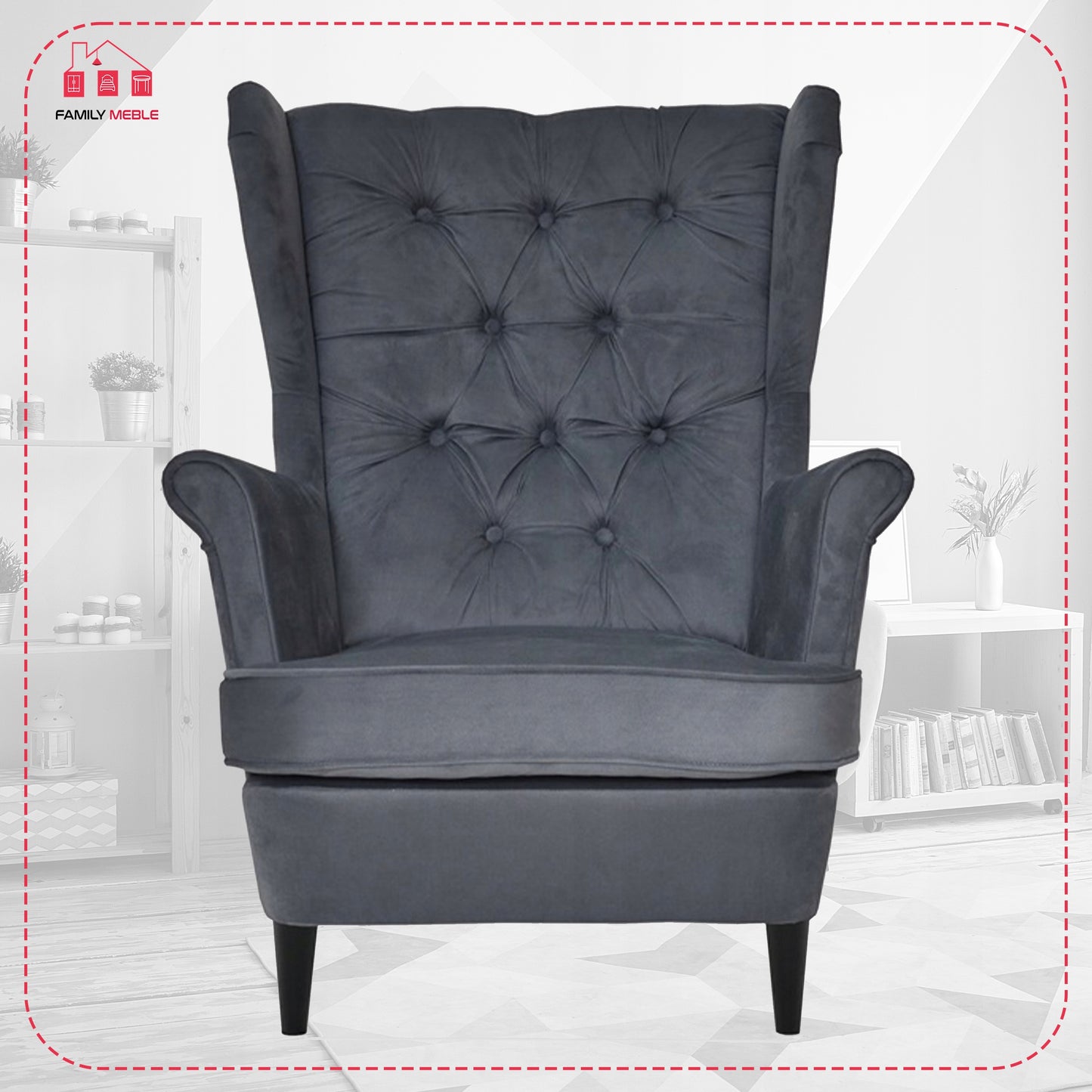 Fotel uszak Gaja z podnóżkiem, skandynawski Family Meble szary wygodny