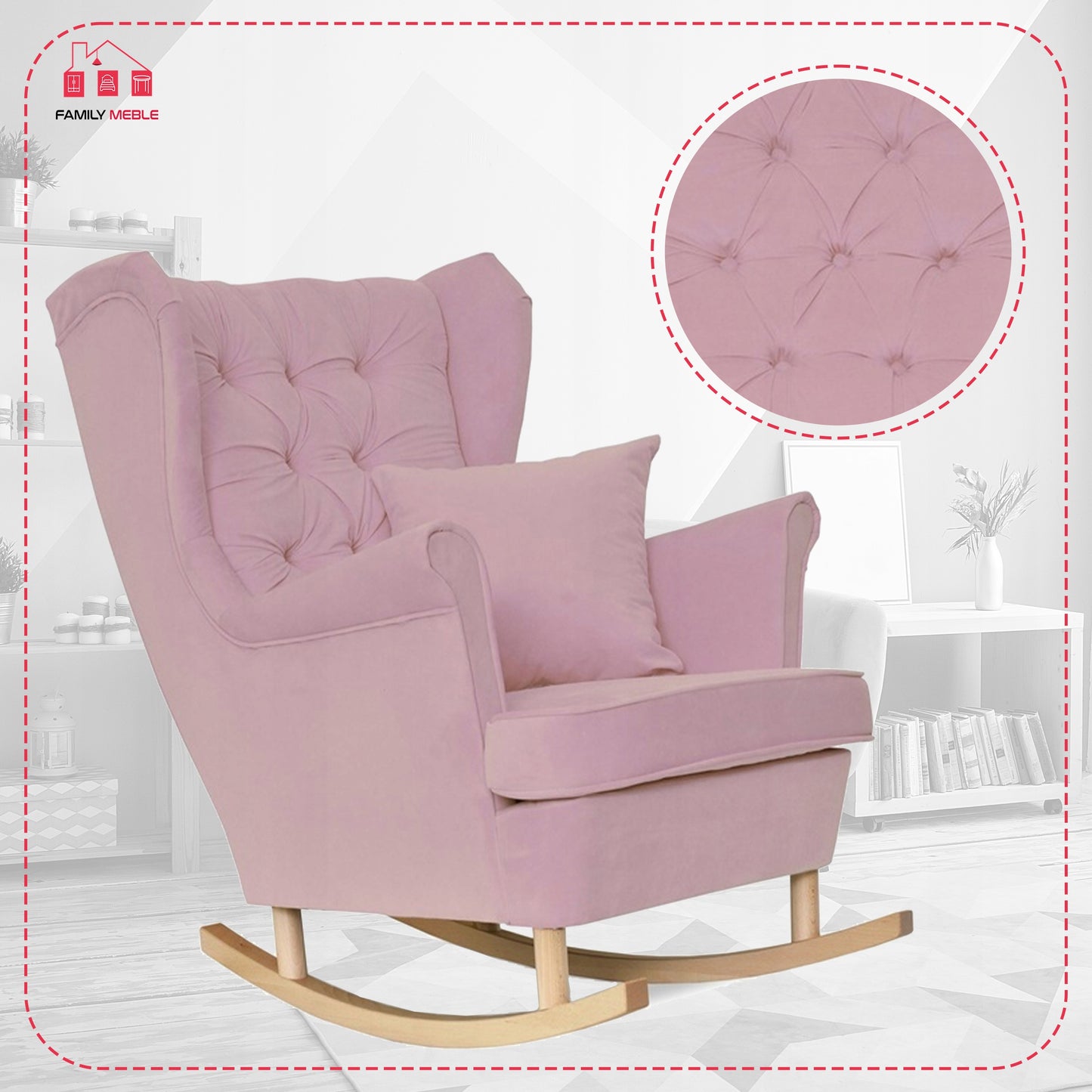 Fotel uszak Gaja bujany skandynawski Family Meble róż bujak na płozach