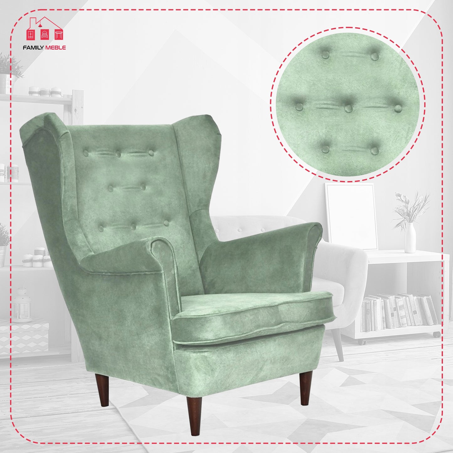 Fotel uszak Diana skandynawski Family Meble miętowy pistacjowy zamszowy