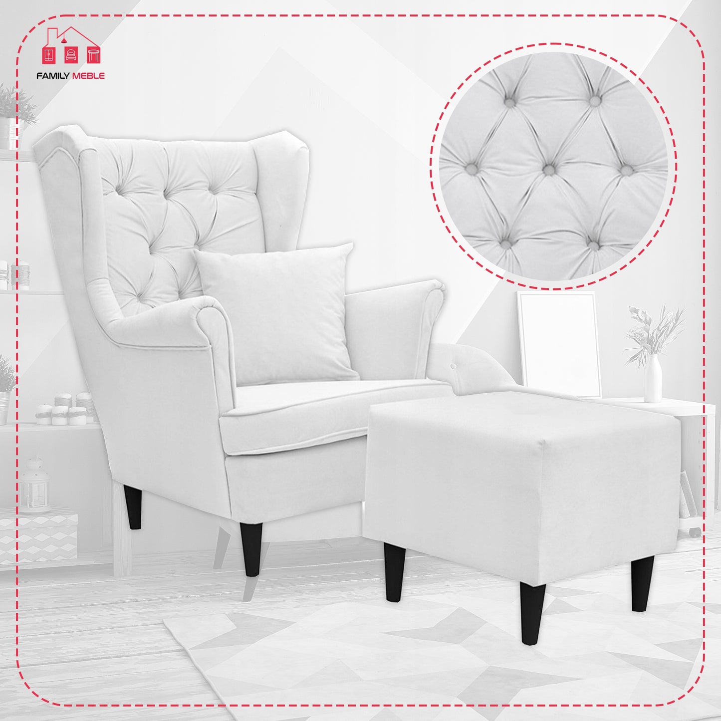 Fotel uszak Gaja z podnóżkiem skandynawsk Family Meble prestiżowy styl