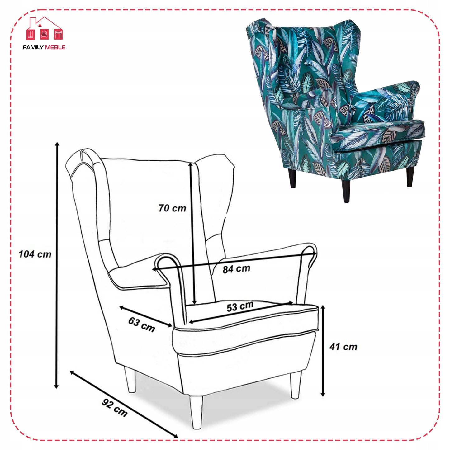Fotel uszak ARI PRINT skandynawski Family Meble liście pióra zielone