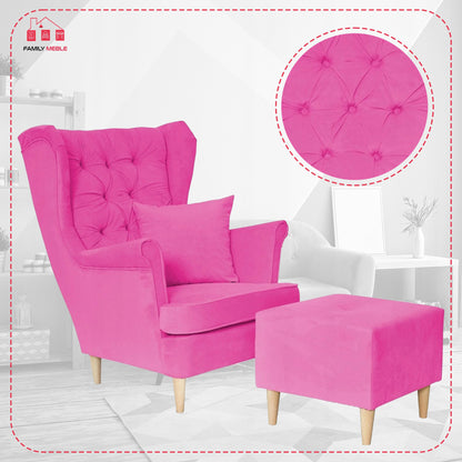 Fotel uszak Gaja z podnóżkiem skandynawski Family Mebl fuksja róż PINK