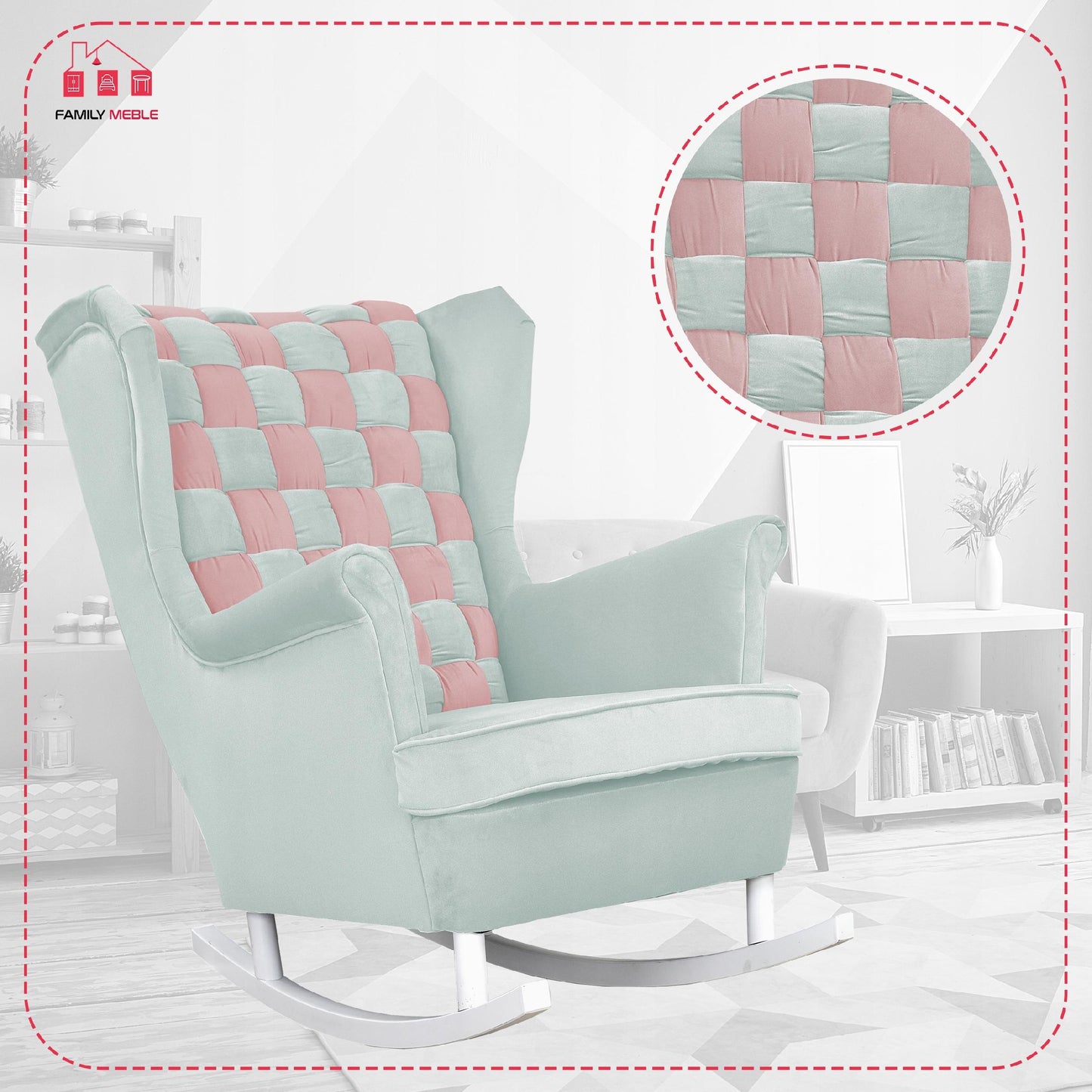 Fotel uszak bujany Carol Duo Family Meble różowo błękitny szachownica welur