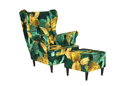 Fotel uszak ARI PRINT z podnóżkiem, skandynawski Family Meble zielony