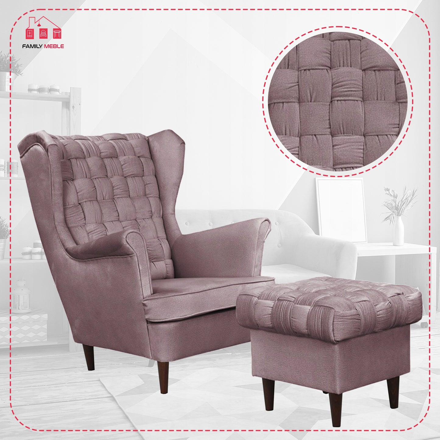 Fotel uszak Carol z podnóżkiem skandynawski Family Meble liliowy róż